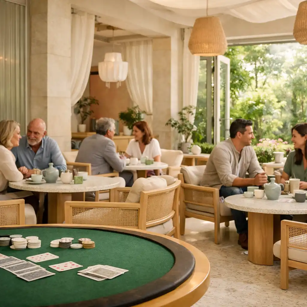 Világos UrbanPlateHouse Card Lounge beszélgető vendégekkel és valódi kártyaasztallal