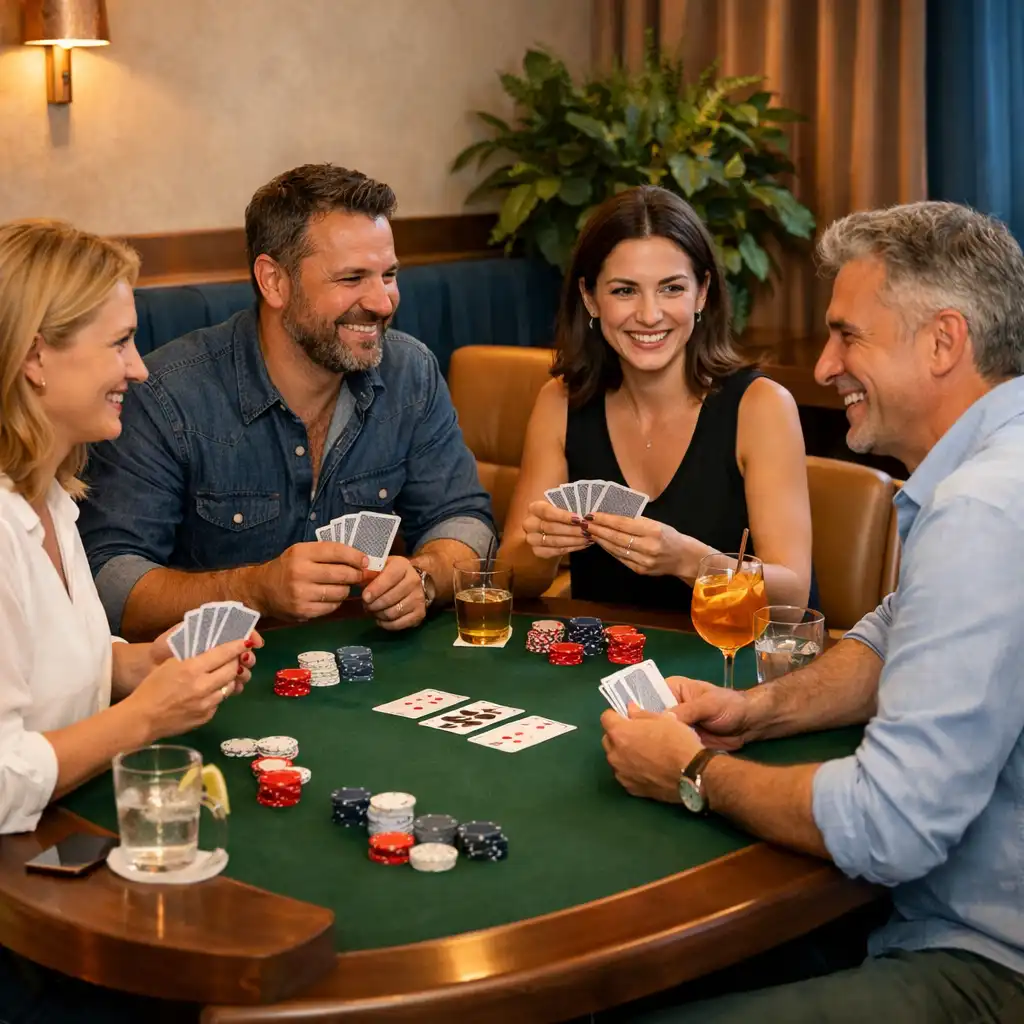 Barátok valódi kártyákkal és semleges zsetonokkal egy világos Card Lounge pókerasztalánál