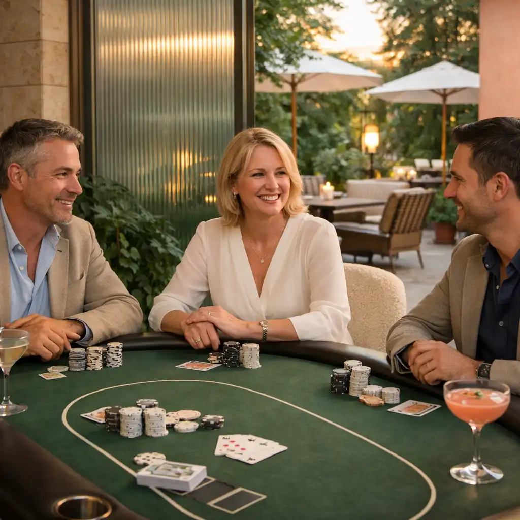 Card Lounge fizikai pókerasztallal, beszélgető vendégekkel és kertkapcsolattal