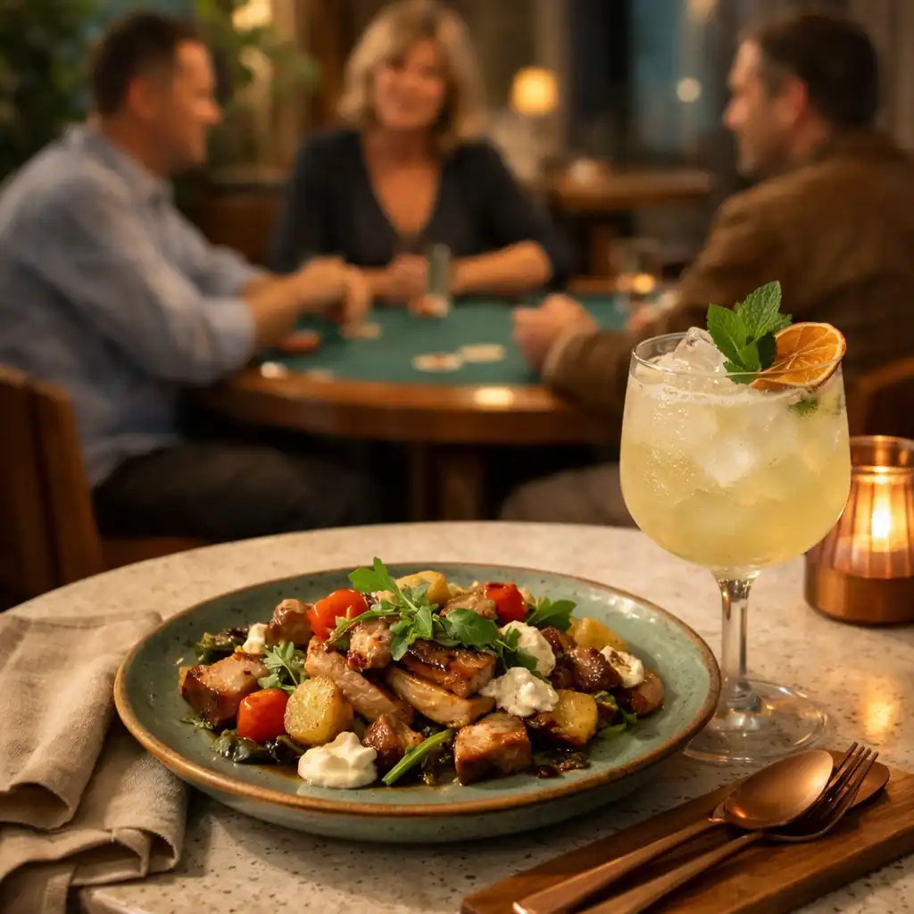 Megosztható étel és alkoholmentes ital egy Card Room esti részletében