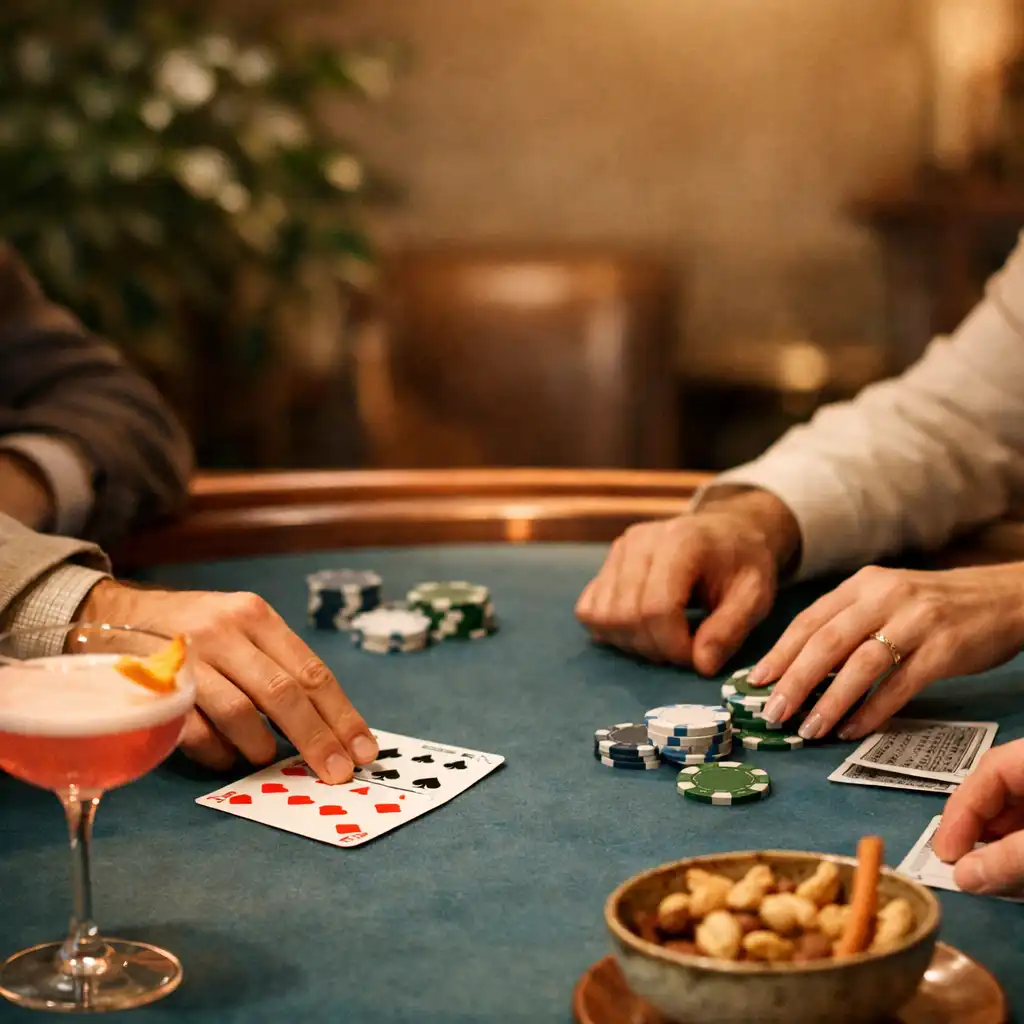 Vendégek kezei valódi kártyákkal és semleges zsetonokkal egy Card Room asztalánál