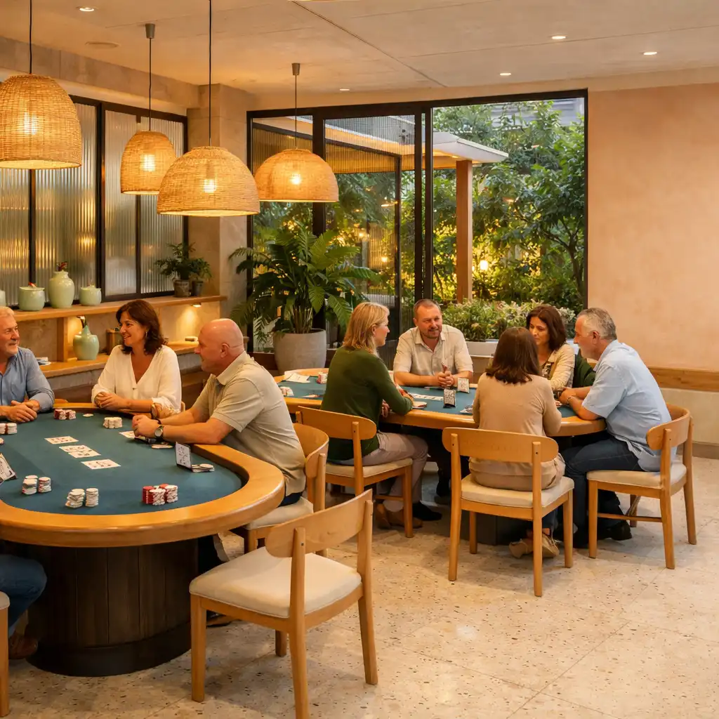 Világos Card Room enteriőr valódi pókerasztalokkal, beszélgető vendégekkel és kertre néző üvegfallal