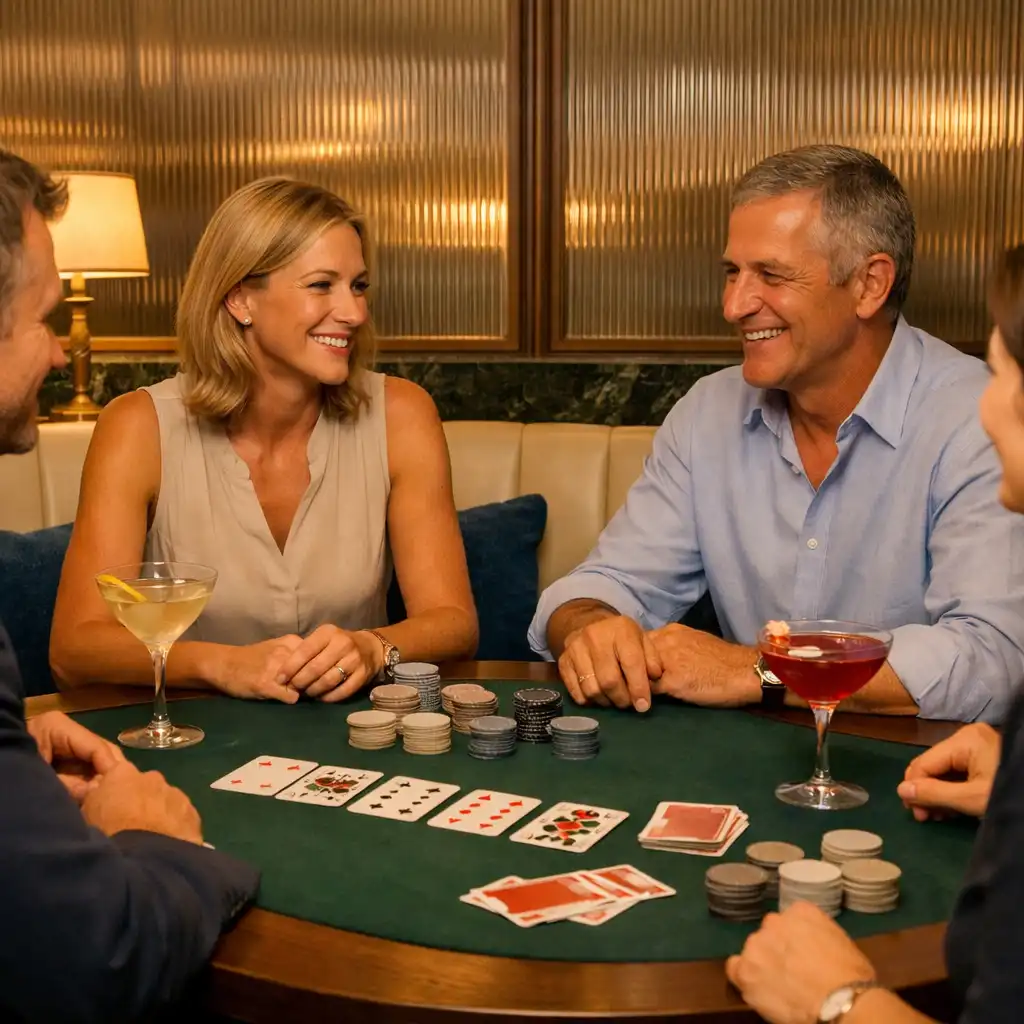 Meleg esti Card Lounge beszélgető vendégekkel, fizikai játékkártyákkal, semleges zsetonokkal és két koktéllal egy valódi asztalon.