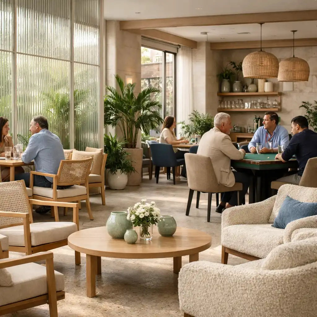 Világos Card Lounge ülőhelyek és fizikai pókerasztal az UrbanPlateHouse budapesti terében